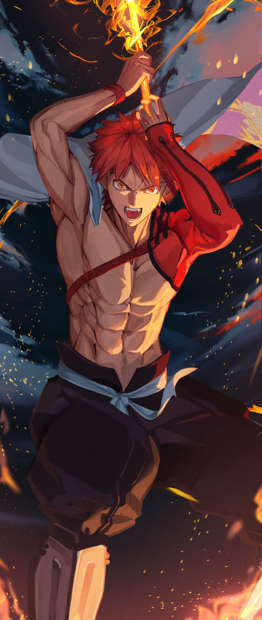 1boy abs absurdres cape emiya_shirou fate/grand_order fate_(series) highres holding holding_weapon igote japanese_clothes katana looking_at_viewer male_focus mikeekakiaka2 open_mouth orange_hair senji_muramasa_(fate) short_hair single_bare_shoulder solo sword toned toned_male topless_male weapon white_cape wristband yellow_eyes