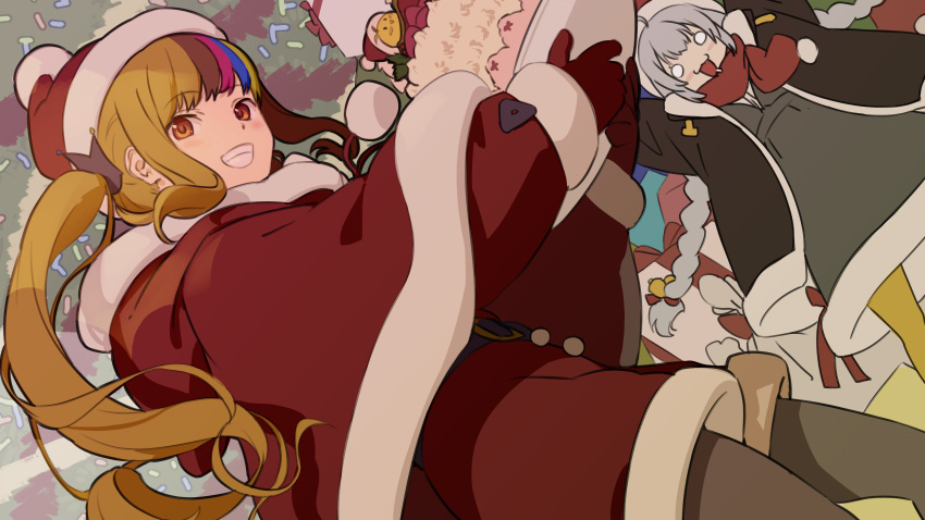 2girls :3 absurdres alternate_hairstyle arms_up bell belt black_belt blonde_hair blue_hair brown_hair brown_jacket cake capelet christmas christmas_tree dress food galaco galaco_(neo) green_dress grey_hair grey_thighhighs hat highres holding holding_plate jacket jingle_bell kizuna_akari long_hair mob_face multicolored_hair multiple_girls o_o open_clothes open_jacket open_mouth pantyhose pink_hair plate red_capelet red_eyes red_hat red_scarf red_shorts santa_capelet santa_costume santa_hat scarf shorts smile tarokazu teeth thighhighs vocaloid white_trim yellow_thighhighs