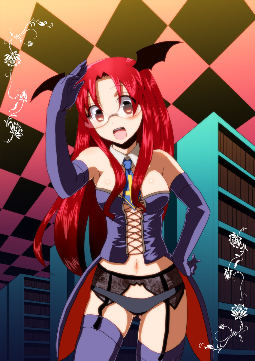 alternate_costume bare_shoulders bat_wings bespectacled black_panties bookshelf breasts bustier checkered cleavage cross elbow_gloves garter_belt glasses gloves hand_on_hip hand_up head_wings highres inverted_cross irusu koakuma large_breasts library lingerie long_hair navel necktie open_mouth panties red_eyes red_hair solo thighhighs touhou underwear underwear_only voile wings