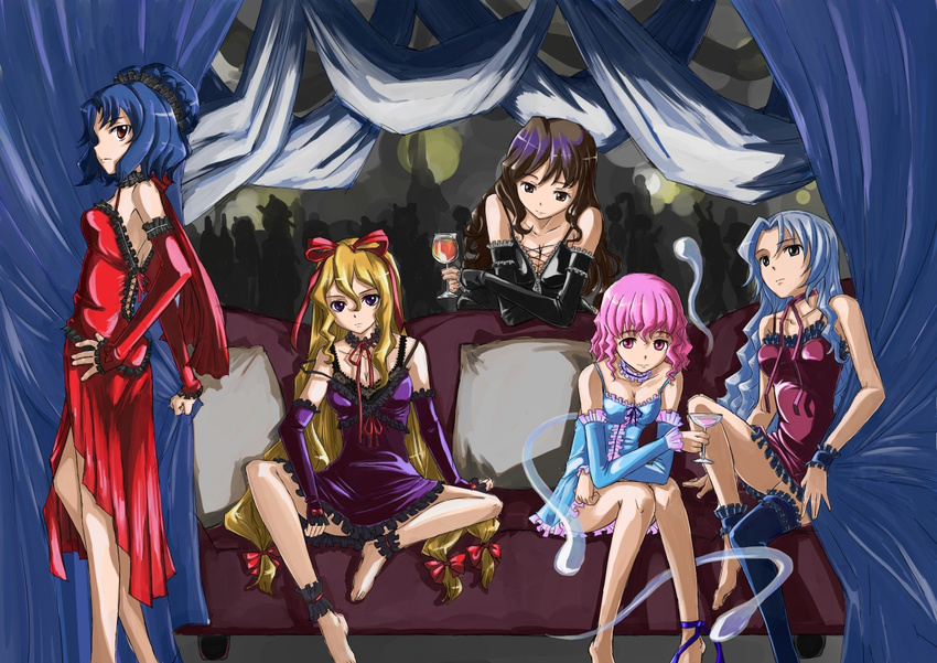 alternate_costume ankle_cuffs barefoot blonde_hair brown_eyes detached_sleeves dress gradient_hair hijiri_byakuren jack_(wkm74959) lingerie long_hair multicolored_hair multiple_girls pink_eyes purple_eyes purple_hair red_eyes saigyouji_yuyuko short_hair silver_hair touhou underwear wavy_hair wrist_cuffs yagokoro_eirin yakumo_yukari yasaka_kanako