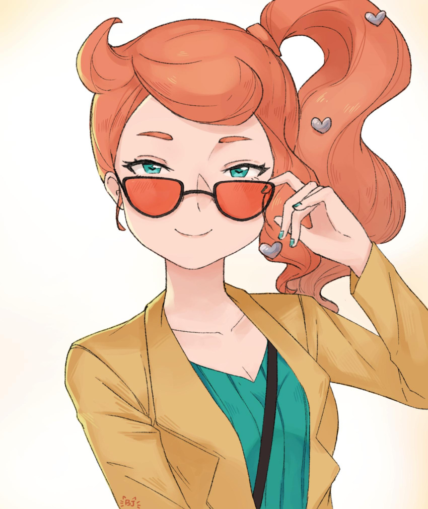 1girl adjusting_eyewear aqua_eyes aqua_nails aqua_shirt breasts brown_coat coat collarbone hair_ornament half-closed_eyes heart heart_hair_ornament highres medium_breasts orange-tinted_eyewear orange_hair pancake-hime pokemon pokemon_swsh ribbed_shirt shirt side_ponytail solo sonia_(pokemon) sunglasses tinted_eyewear upper_body v-neck