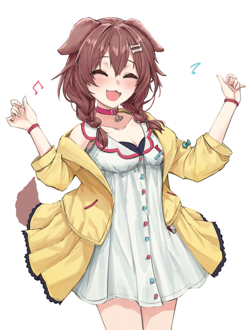 1girl :3 :d animal_ears bag_(chrko_bag) blush bone_hair_ornament bracelet braid breasts brown_hair cleavage closed_eyes collar collarbone commentary cowboy_shot dog_ears dog_tail double-parted_bangs dress fang hair_between_eyes hair_ornament hair_over_shoulder hands_up highres hololive inugami_korone inugami_korone_(1st_costume) jacket jewelry long_hair musical_note red_collar simple_background single_off_shoulder sleeveless sleeveless_dress smile solo tail twin_braids virtual_youtuber white_background white_dress yellow_jacket