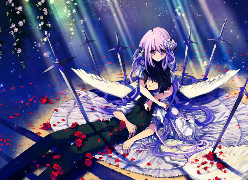 1girl black_hair dress female flower gradient gradient_background kneeling lying purple_eyes purple_hair rose sword violet_eyes weapon wings
