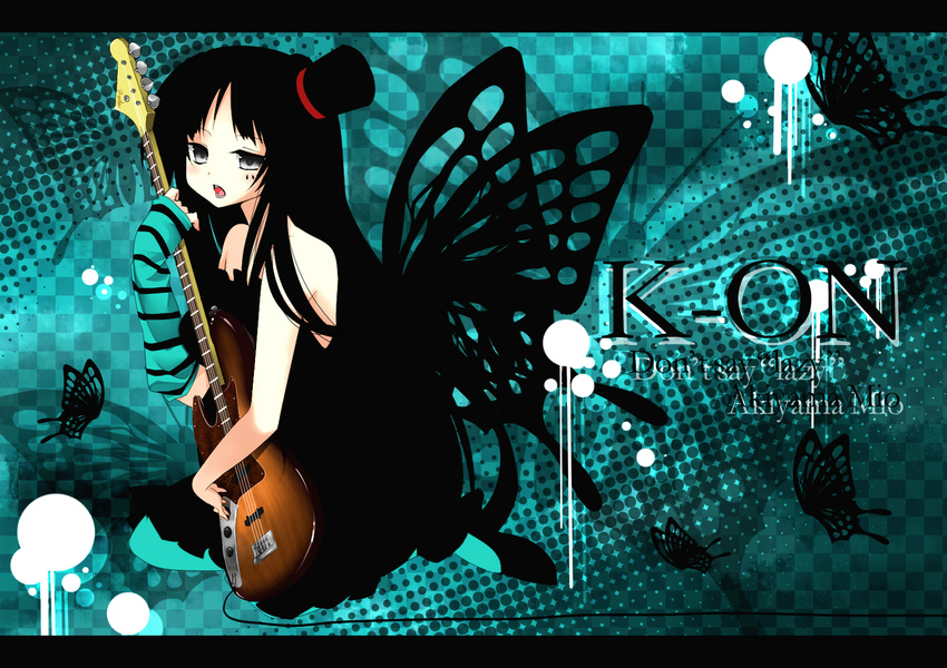 akiyama_mio bass_guitar black_eyes black_hair bug butterfly character_name copyright_name don't_say_"lazy" dress hat highres hime_cut insect instrument k-on! letterboxed long_hair mini_hat mini_top_hat open_mouth shizuki_sayaka solo song_name thighhighs top_hat very_long_hair wings