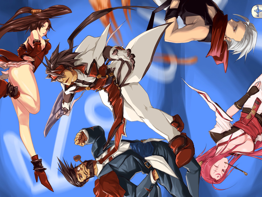 3boys ass bad_id bad_pixiv_id baiken bare_shoulders beard boots breasts brown_eyes brown_hair chipp_zanuff cleavage detached_sleeves elbow_gloves facial_hair fingerless_gloves gloves guilty_gear headband high_heels japanese_clothes kiseru kuradoberi_jam large_breasts legs long_hair miniskirt monocle multiple_boys multiple_girls ninja one-eyed order-sol pants pink_hair pipe scar scar_across_eye scarf shoes skirt slayer_(guilty_gear) sol_badguy sword ultra00 vampire venom_(guilty_gear) very_long_hair weapon white_hair