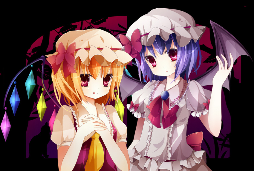 bad_id bad_pixiv_id bat_wings blonde_hair blue_hair cat flandre_scarlet hands_on_own_chest hat highres licking_lips multiple_girls purple_hair rairateru red_eyes remilia_scarlet short_hair siblings sisters tongue tongue_out touhou window wings