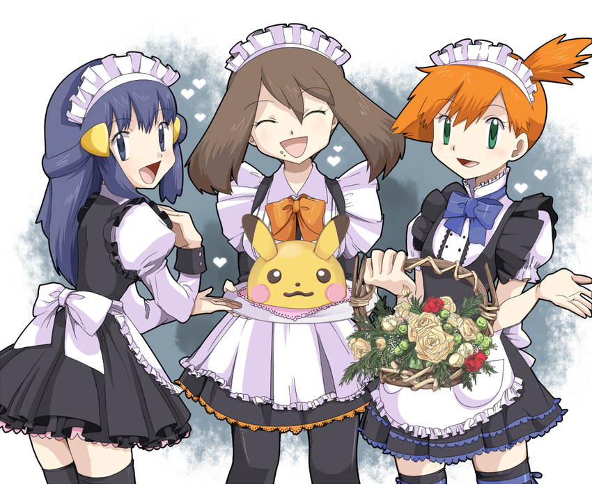 ageha alternate_costume alternate_headwear apron basket blue_eyes blue_hair brown_hair cake closed_eyes enmaided flower food gen_1_pokemon green_eyes hair_ornament hairband hairclip haruka_(pokemon) heart hikari_(pokemon) kasumi_(pokemon) long_hair maid multiple_girls open_mouth orange_hair pantyhose pastry pikachu pokemon pokemon_(anime) pokemon_(creature) rose side_ponytail smile themed_object thighhighs waist_apron zettai_ryouiki