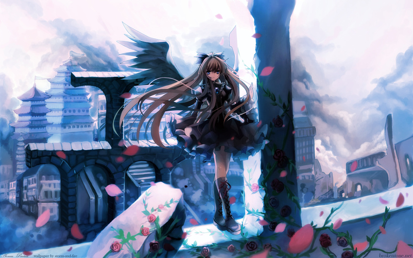 blue_eyes brown_hair dress flowers long_hair petals ribbons rose wings