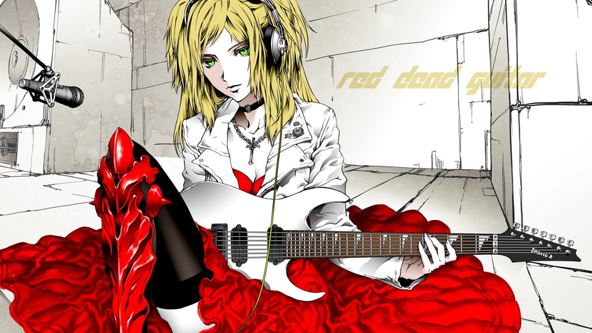 armor babe blonde_hair breasts cross dress electric green_eyes guitar headphones jacket legs long_hair micro_phone microphone neck_lace neckband necklace original red_dead_guitar red_dress sexy thigh-highs woman