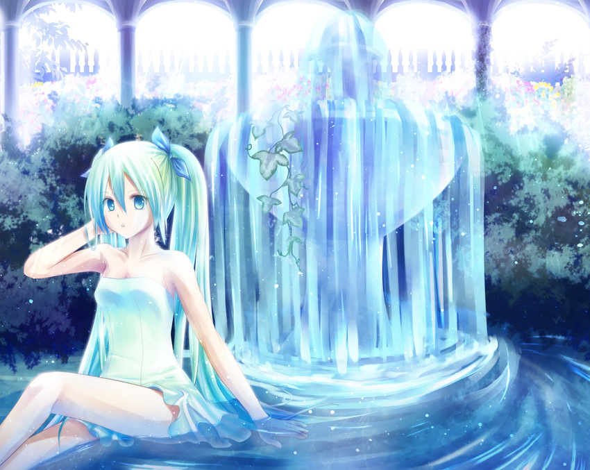 aqua_hair blue blue_eyes dress hatsune_miku ribbons twintails vocaloid water