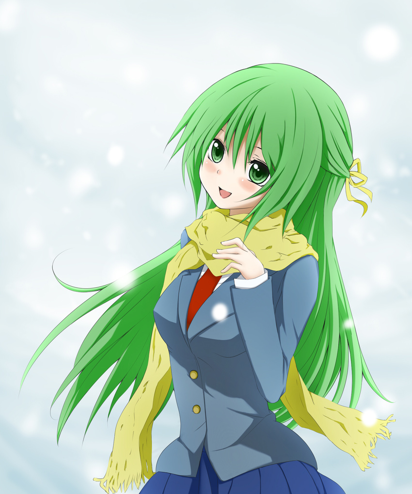 green_eyes green_hair half_updo highres higurashi_no_naku_koro_ni long_hair nemu_(nebusokugimi) scarf snow solo sonozaki_shion