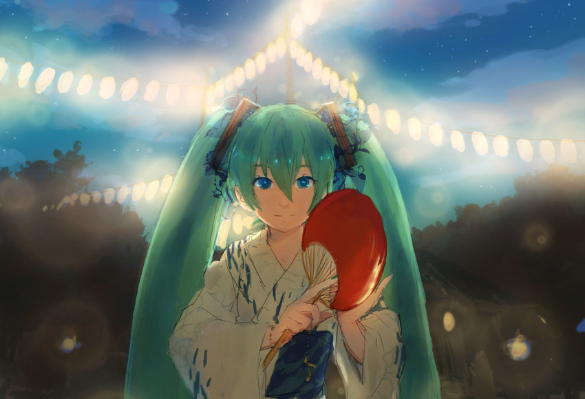 blue_eyes fan green_hair hatsune_miku japanese_clothes light lights long_hair mitosa paper_fan solo tree twintails uchiwa upper_body vocaloid