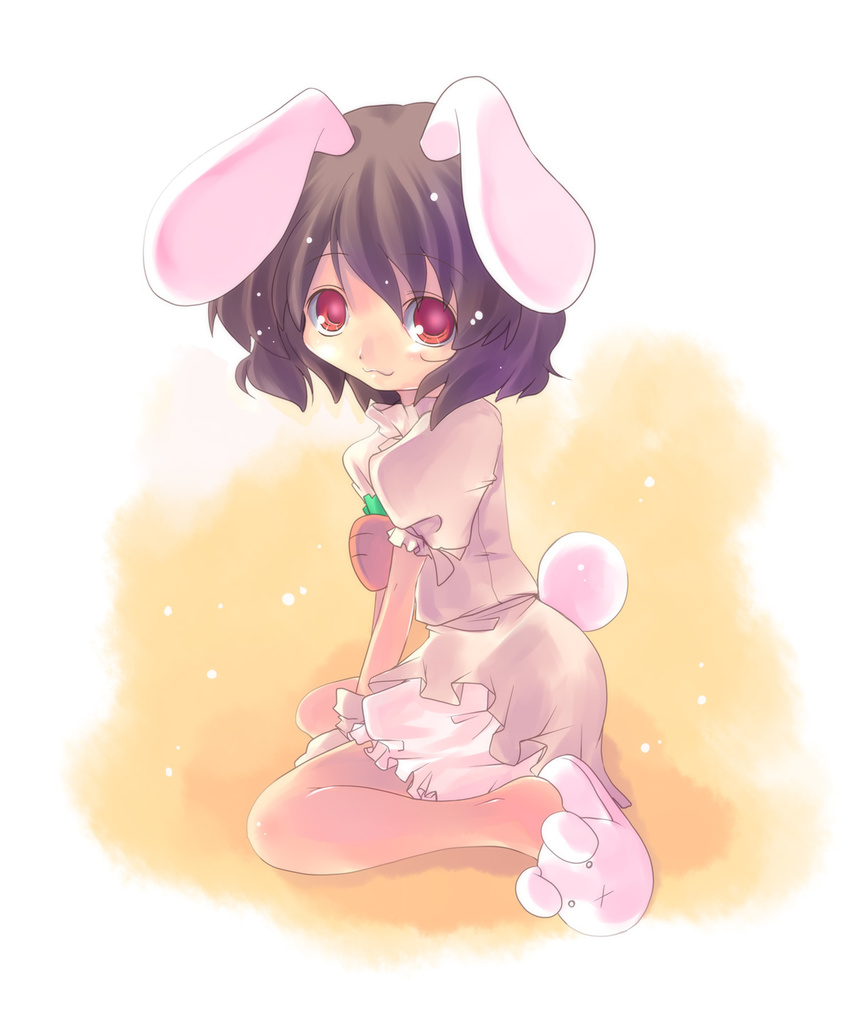 :3 animal_ears animal_slippers bad_id bad_pixiv_id brown_hair bunny_ears bunny_slippers bunny_tail highres inaba_tewi okotan_(dewdrops) red_eyes short_hair slippers solo tail touhou