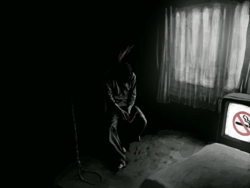 bad_id bad_pixiv_id bed cigarette dark depressed highres indoors jw_(pixiv) lighter male_focus no_smoking noose original room sitting smoke solo window