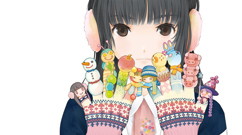 1girl apple bangs black_hair blunt_bangs bow braid brown_eyes bunny copyright_request earmuffs finger_puppet food fruit gloves hair_ornament hairclip hat long_hair necktie otoufu pig puppet ribbon scarf short_hair snowman solo witch_hat x_x