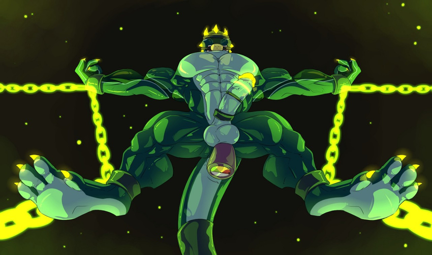 abs balls bdsm biceps bondage bound cock_ring dildo dinosaur erection gag gagged glowing green_skin hekar kartos male muscular paws restrained scales scalie sex_toy soles toeclaws toes vibrator