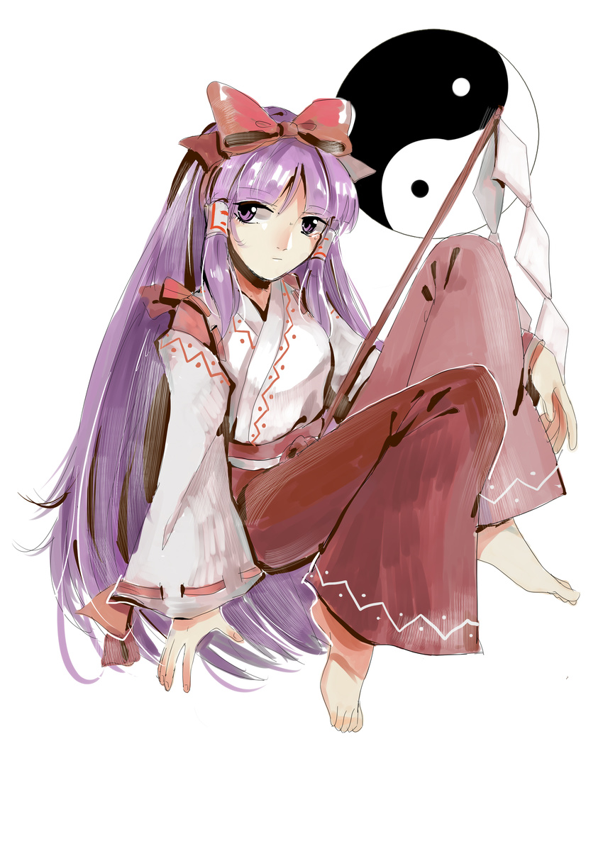 absurdres barefoot bow detached_sleeves expressionless full_body gohei hair_bow hair_tubes hakama hakurei_reimu hakurei_reimu_(pc-98) highres japanese_clothes legs_up long_hair looking_to_the_side nontraditional_miko purple_eyes purple_hair red_hakama ribbon-trimmed_sleeves ribbon_trim seastar simple_background solo touhou touhou_(pc-98) very_long_hair vest white_background yin_yang