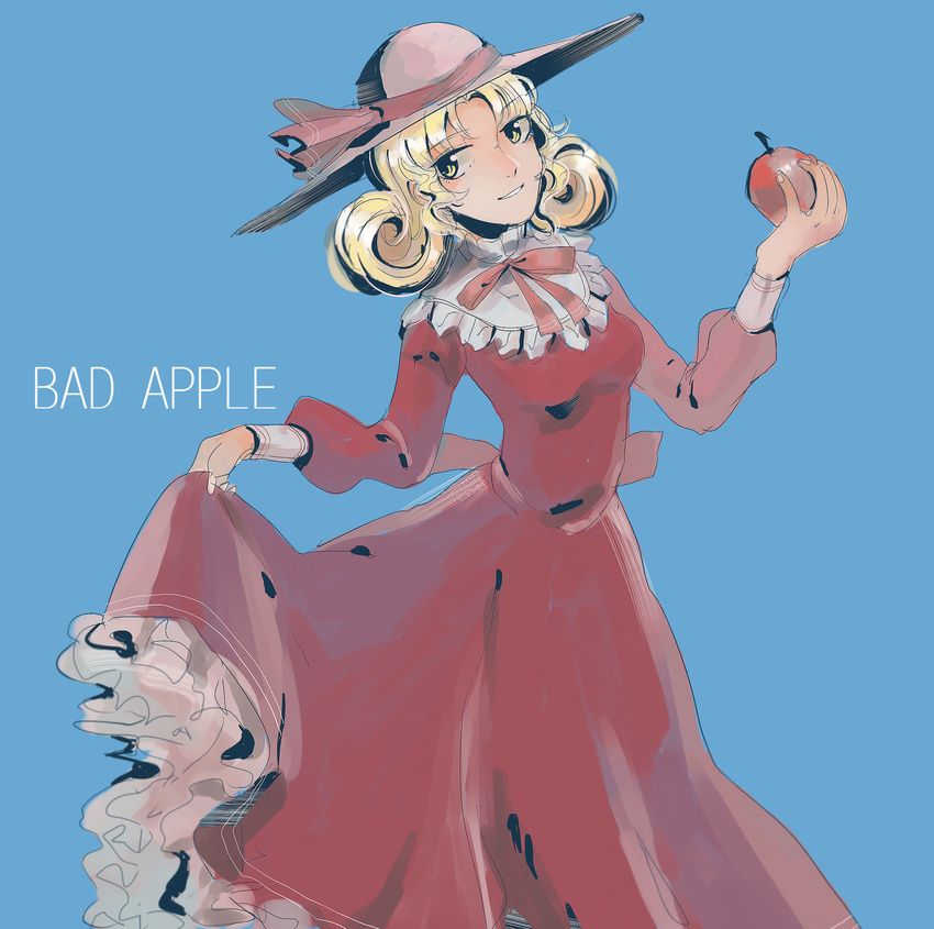 absurdres apple blonde_hair blue_background bow breasts collar curly_hair dress dress_lift elly english food fruit hat hat_bow head_tilt highres holding holding_food holding_fruit long_hair long_sleeves looking_to_the_side medium_breasts red_dress seastar simple_background skirt_hold smile solo teeth touhou touhou_(pc-98) yellow_eyes