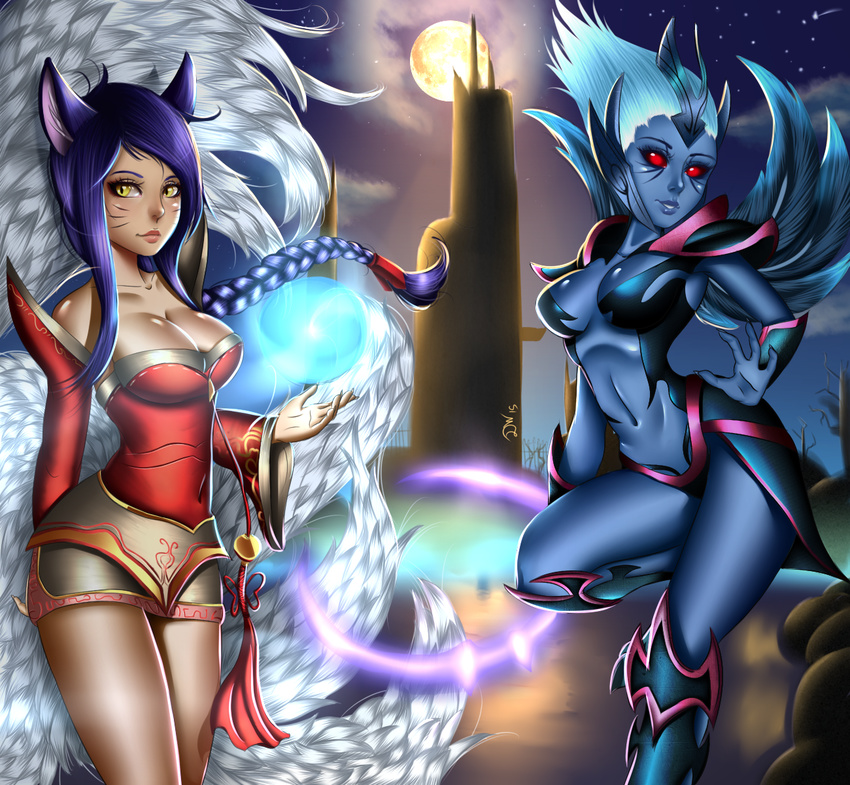 2014 ahri amazing amber_eyes animal_humanoid anthro armor big_breasts blue_feathers blue_hair blue_skin breasts canine cleavage clothed clothing cloud crossover doomthewolf dota_2 duo english_text feathers female fox fox_humanoid fur hair horn human humanoid league_of_legends long_hair looking_at_viewer magic mammal moon multicolored_hair multiple_tails navel night not_furry pointy_ears pose raised_arm raised_leg red_eyes skimpy sky text two_tone_hair unconvincing_armor unknown_species vengeful_spirit video_games white_fur white_hair wings