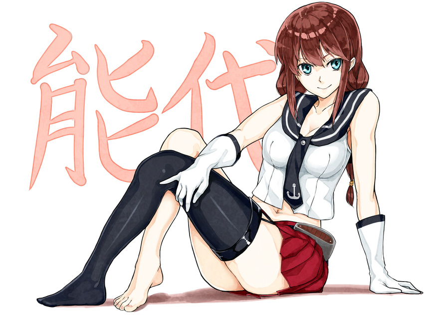 barefoot black_legwear blue_eyes breasts brown_hair character_name gloves kantai_collection long_hair looking_at_viewer medium_breasts noshiro_(kantai_collection) poco_(backboa) simple_background single_thighhigh smile solo thighhighs white_background