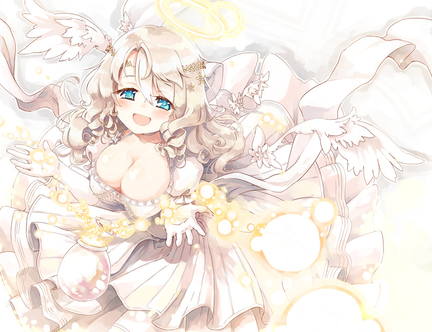:d angel blue_eyes blush bottle breasts cleavage curly_hair dress feathered_wings feathers gloves hair_ornament halo happy highres large_breasts long_hair looking_at_viewer naka_akira open_mouth original smile solo white_dress white_gloves white_hair wings