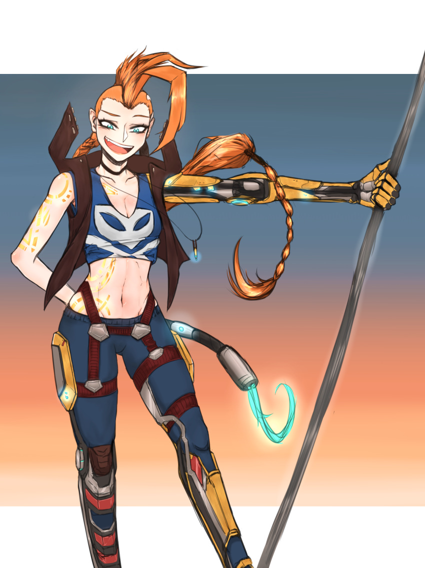 1girl bare_shoulders braid breasts choker gloves green_eyes jacket jewelry jinx_(league_of_legends) league_of_legends long_hair looking_at_viewer mechanical_arm necklace odyssey_jinx orange_hair prosthesis prosthetic_arm small_breasts smile solo tank_top very_long_hair