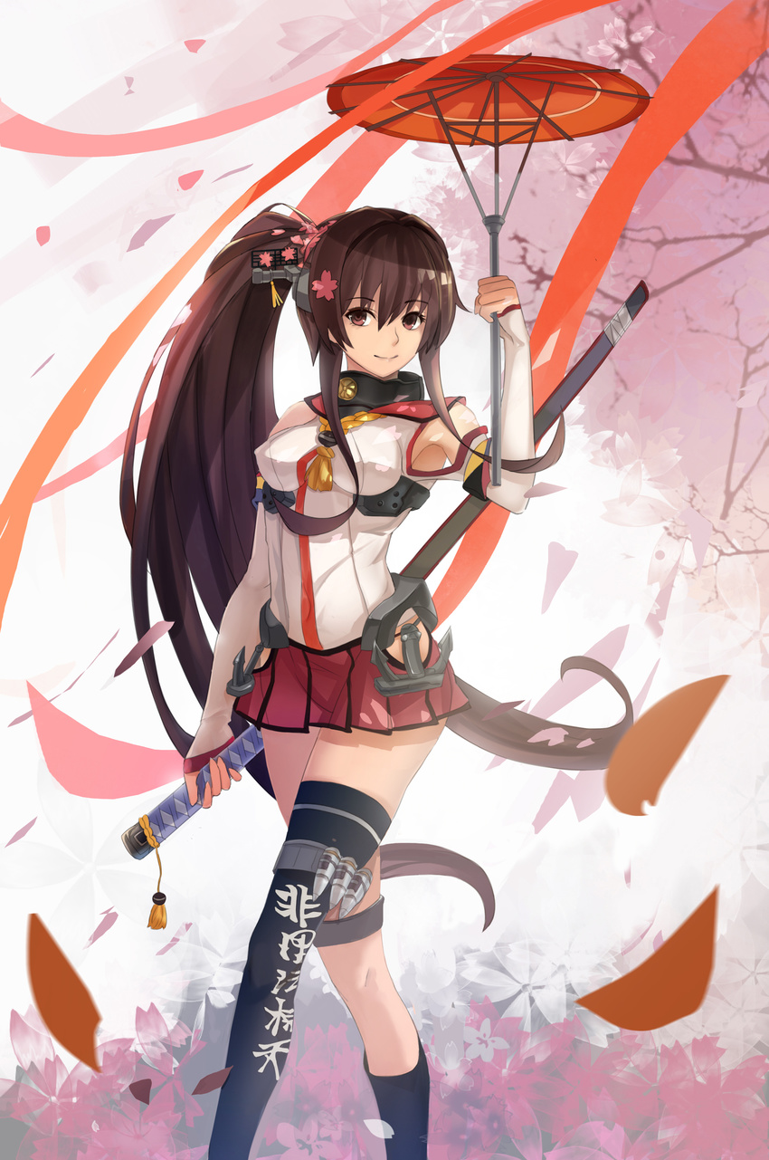 absurdres black_legwear breasts brown_hair cherry_blossoms clothes_writing commentary_request detached_sleeves error highres holding holding_sword holding_umbrella holding_weapon holster kantai_collection katana large_breasts magician_(china) parasol petals ponytail red_umbrella revision scabbard sheath sheathed single_thighhigh skirt smile solo sword thighhighs umbrella walking weapon yamato_(kantai_collection)
