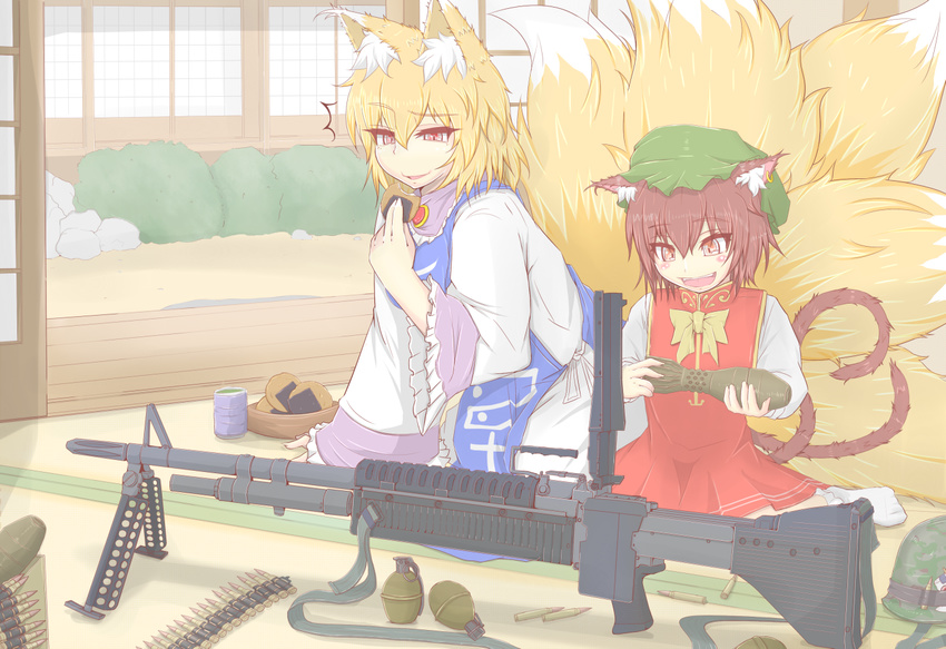 2girls ammunition_belt animal_ears blonde_hair bow bowl brown_hair bullet cat_ears cat_tail chen commentary_request cube85 cup eating explosive fox_ears fox_tail grenade gun hat helmet m60 machine_gun military mortar_shell multiple_girls multiple_tails open_mouth senbei short_hair sling smile surprised tail touhou weapon yakumo_ran