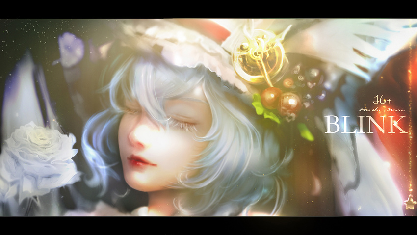 bat_wings blue_hair closed_eyes commentary dust english eyebrows eyelashes face feathers flower food fruit gold hat hat_ornament letterboxed light_particles lips lipstick makeup michihana mob_cap nose red_lips red_lipstick remilia_scarlet revision rose short_hair sleeping solo star sunlight touhou white_flower white_rose window wings