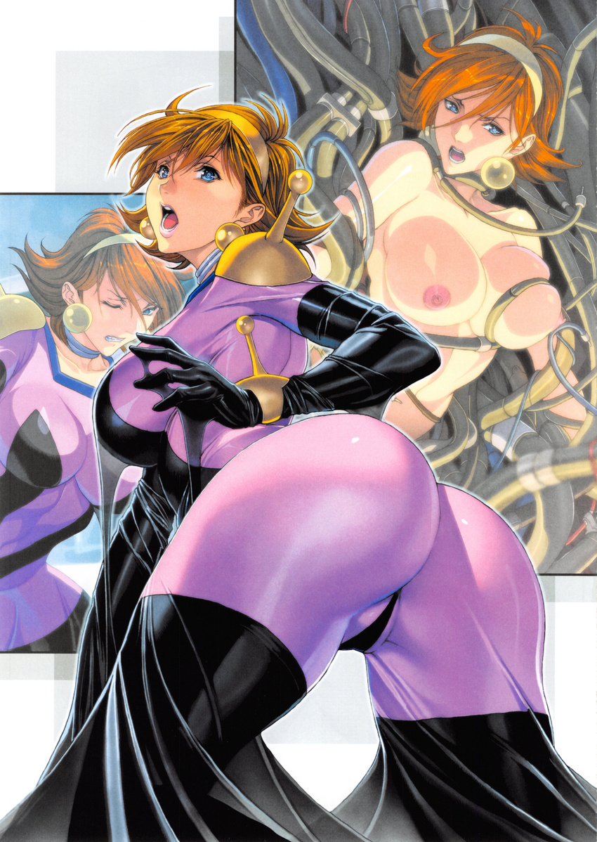 ass back bodysuit breasts brown_hair curvy from_behind g_gundam gundam homare_(fool's_art) homare_(fool's_art) huge_ass looking nipples open_mouth rain_mikamura short_hair skin_tight solo tentacle thick_thighs wide_hips wire