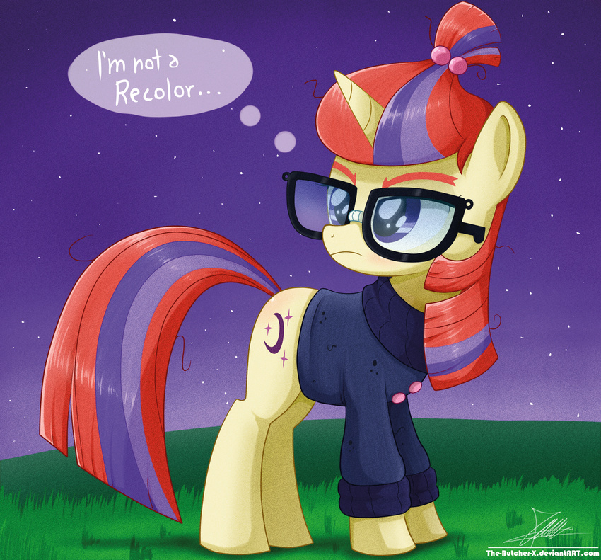 2015 clothing cutie_mark english_text equine eyewear female friendship_is_magic glasses grass horn lie mammal moondancer_(mlp) my_little_pony night outside purple_eyes solo standing star sweater text the-butcher-x unicorn