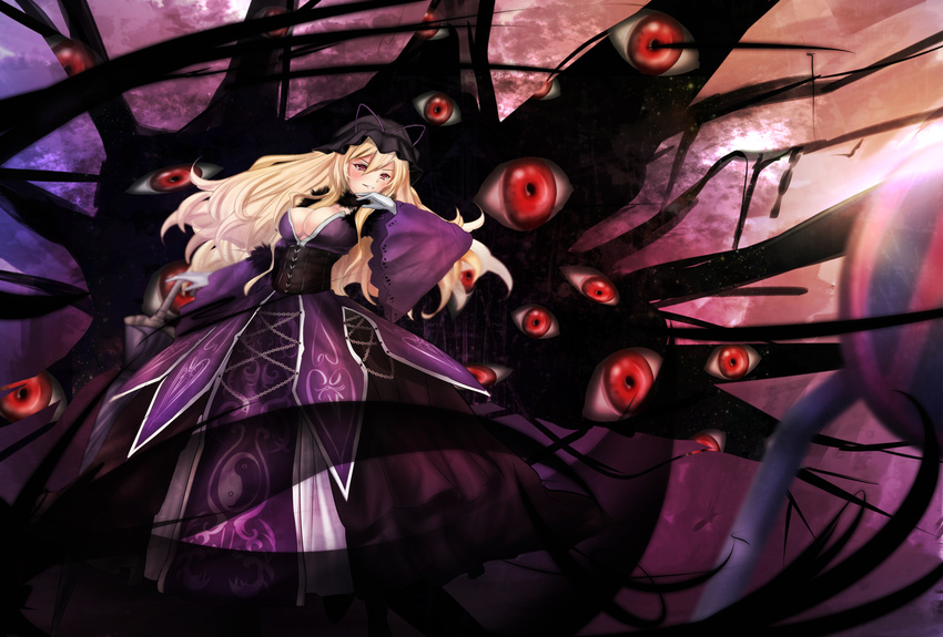 alternate_costume bangs blonde_hair blurry breasts chain cleavage closed_umbrella cloud cloudy_sky corset darkness depth_of_field dress fur_trim gap gloves hand_up hat hat_ribbon highres koumajou_densetsu koumajou_densetsu_2 large_breasts long_hair long_sleeves looking_to_the_side mob_cap purple_dress purple_eyes red_eyes ribbon road_sign sign sky smirk solo sunlight touhou umbrella untsue very_long_hair white_gloves wide_sleeves yakumo_yukari