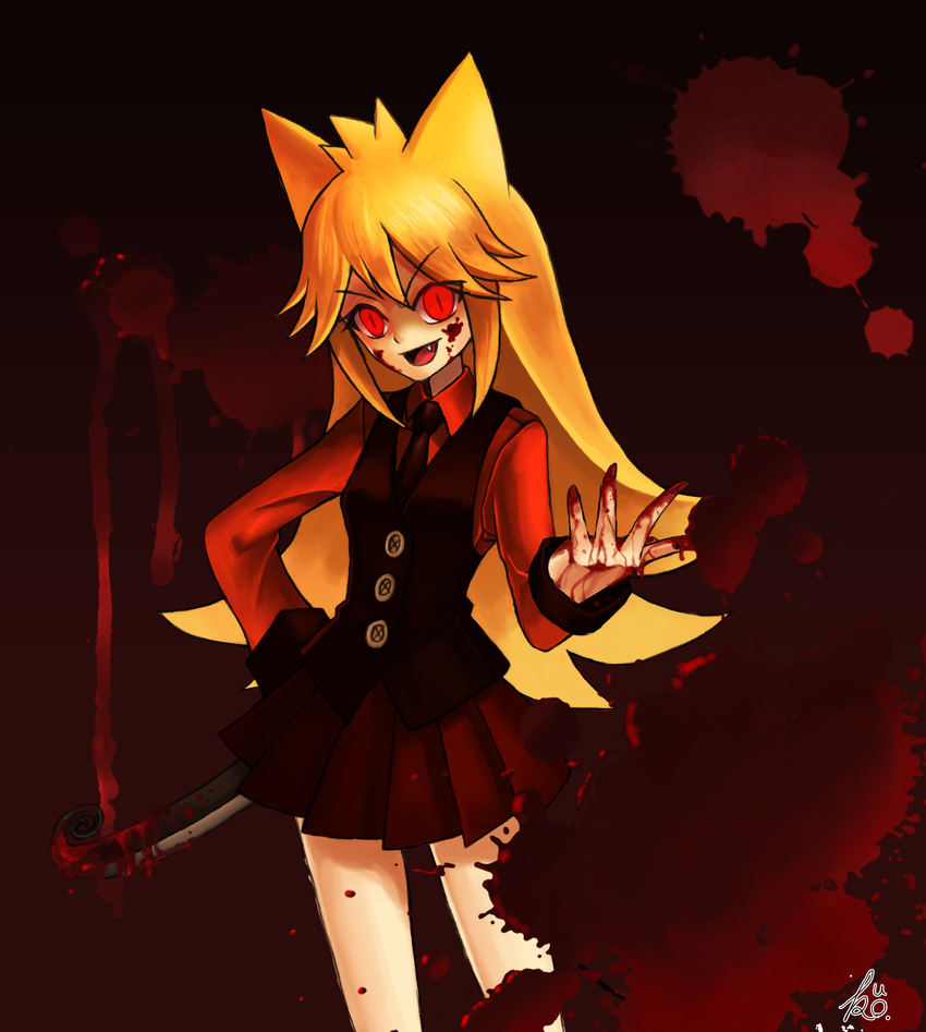 animal_ears artist_name bangs blonde_hair blood blood_on_face blood_on_fingers blood_splatter bloody_weapon buttons cowboy_shot fang highres holding knife kuro_(ning2763) long_hair looking_at_viewer moge-ko mogeko_castle necktie red_eyes sidelocks skirt solo tail weapon