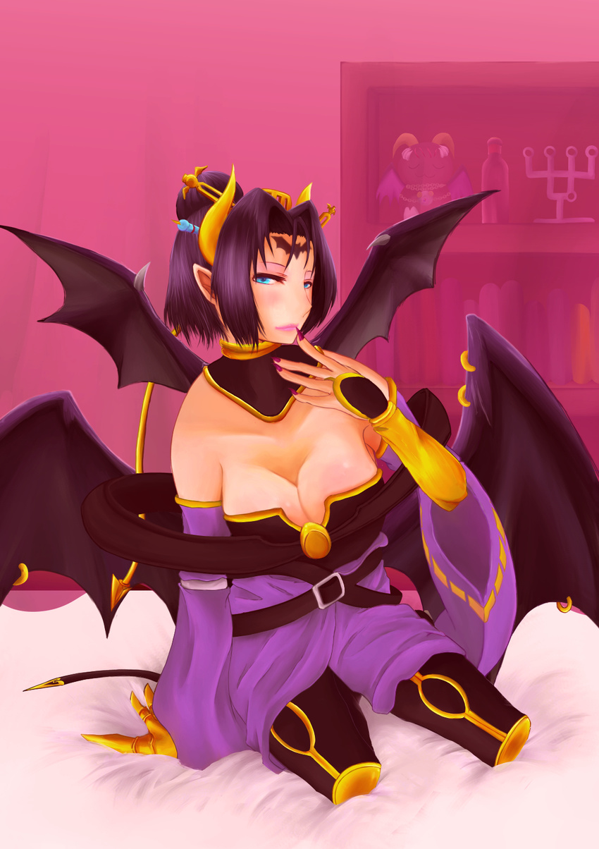 1girl bandai bare_shoulders bat bat_(symbol) bat_wings bed black_hair black_wings blue_eyes breasts bridal_gauntlets bustier claws demon_girl detached_collar detached_sleeves digimon digimon_crusader eyeshadow facial_mark female hair_bun hair_ornament horn kneeling large_breasts lilithmon lipstick makeup multiple_wings nail_polish open_mouth pointy_ears seven_great_demon_lords sharp_nails shawl shelf shelves skirt solo succubus tattoo wings