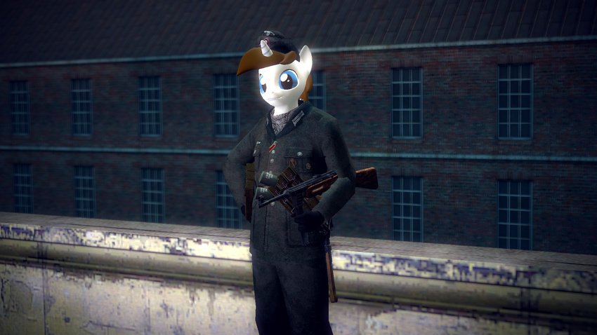 2015 3d anthro anthrofied cgi digital_media_(artwork) fingers gmod hat mp40 my_little_pony standing trygveblacktiger uniform weapon wehrmacht