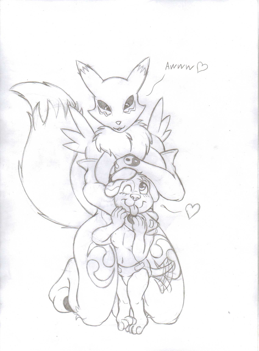 &lt;3 age_difference anthro big_breasts boxice breasts canine cub diaper digimon dog duo female fox fur hair hug larger_female male male/female mammal monochrome older_female one_eye_closed renamon simple_background size_difference smaller_male smile text tongue wagging wink young younger_male