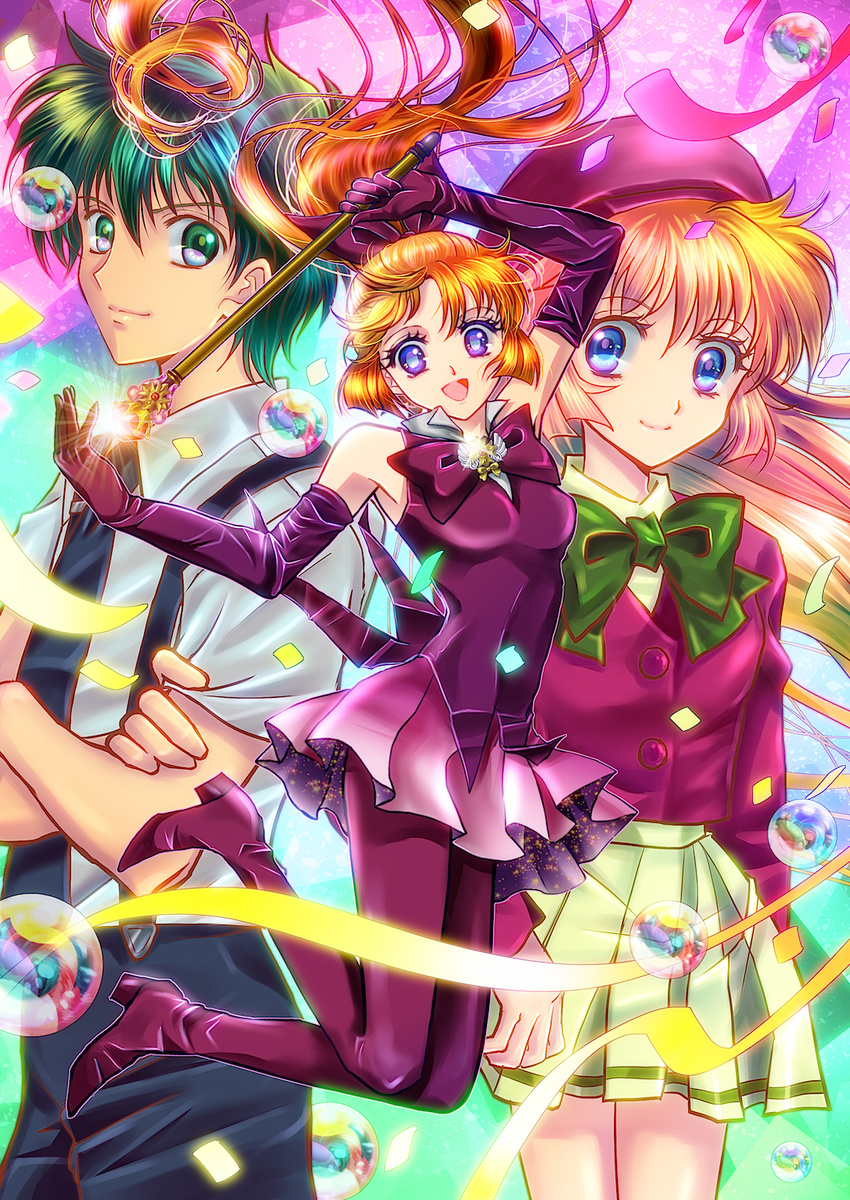 2girls asuka_daiki bad_id bad_pixiv_id blue_eyes boots brooch bubble crossed_arms elbow_gloves gloves glowing green_eyes green_hair hair_ribbon haneoka_meimi hat highres jewelry kaitou_saint_tail long_hair magical_girl midair multicolored multicolored_background multiple_girls neck_ribbon necktie orange_hair pleated_skirt ponytail ribbon saint_tail skirt suspenders tsukasaki_ryouko very_long_hair wand