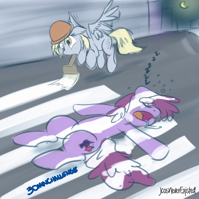 2015 berry_punch_(mlp) cutie_mark derpy_hooves_(mlp) drunk equine female friendship_is_magic hard_hat helmet horse jcosneverexisted lying mammal moon my_little_pony night not_my_job outside paint passed_out pegasus pony saliva sleeping sound_effects street wings zzz
