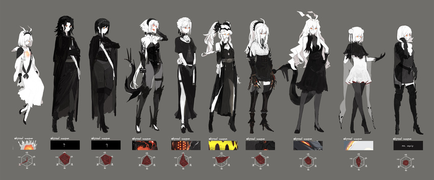 bare_shoulders black_hair boots character_sheet crossed_legs detached_sleeves double_bun dress elbow_gloves gauntlets gloves grey_background hand_on_hip hand_on_own_face high_heel_boots high_heels highres javelin_(siirakannu) kantai_collection leotard long_hair margaret_(siirakannu) mashell_(siirakannu) mastigias_papua_(siirakannu) multiple_girls open_mouth orange_eyes original pantyhose ponytail pose ritz_(siirakannu) roar_(siirakannu) scrunchie shinkaisei-kan short_hair side_slit siirakannu smile tail translated twintails underbust vione_(siirakannu) watson_cross white_dress white_skin zera_(siirakannu)