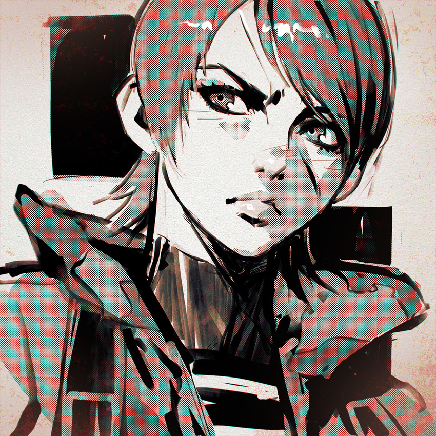 bad_id bad_tumblr_id bangs closed_mouth frown hood hood_down ilya_kuvshinov looking_away looking_to_the_side metal_gear_(series) metal_gear_solid_2 olga_gurlukovich portrait short_hair solo swept_bangs