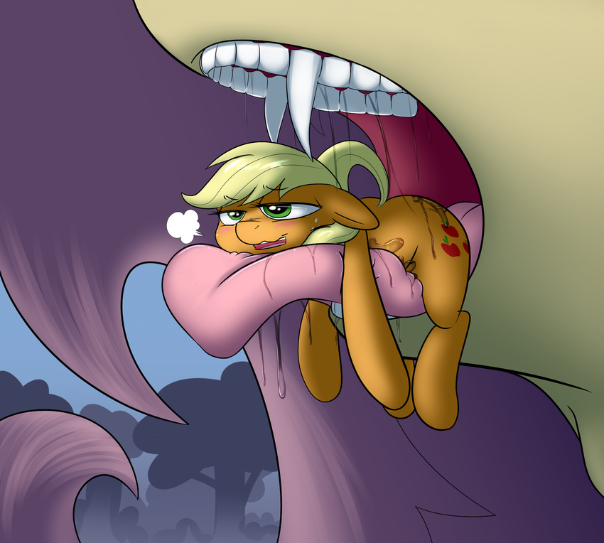 2015 applejack_(mlp) blonde_hair blush cutie_mark drooling duo earth_pony equine fangs female feral flutterbat_(mlp) fluttershy_(mlp) freckles friendship_is_magic green_eyes hair half-closed_eyes hi_res horse imminent_vore khorme long_hair lying macro mammal my_little_pony on_front outside pony saliva teeth tongue tongue_out vore