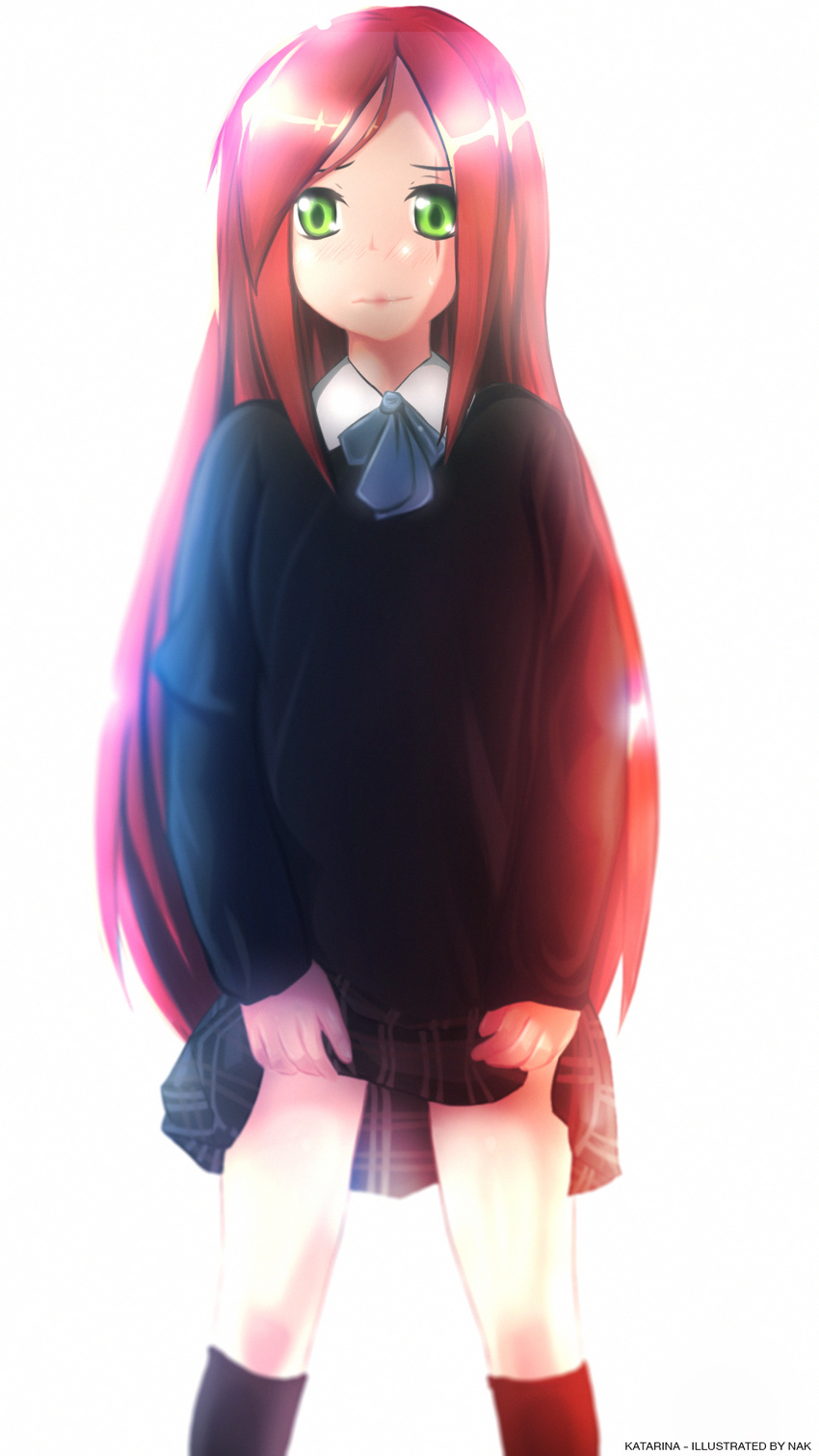 bad_id bad_pixiv_id blush flat_chest green_eyes highres katarina_du_couteau kneehighs league_of_legends long_hair nakatokung no_lineart red_hair scar scar_across_eye school_uniform skirt skirt_lift solo younger