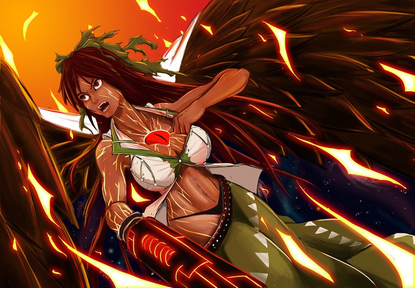 alternate_weapon arm_cannon black_panties bow breasts brown_hair brown_wings cape cleavage commentary curvy dark_skin embers fangs feathered_wings foreshortening green_skirt hair_bow highleg highleg_panties hygnir large_breasts long_hair long_skirt looking_up nose open_mouth orange_sky panties red_eyes reiuji_utsuho shirt_pull skirt skirt_pull sky slit_pupils solo space teeth thighs third_eye toned tongue touhou underwear very_long_hair weapon wings