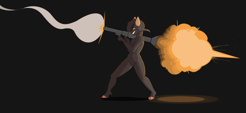 2019 anthro biped breasts caprine claws digital_drawing_(artwork) digital_media_(artwork) explosion eyebrows eyelashes female full-length_portrait fur goat hair hi_res holding_object holding_weapon horn mammal plushkinn portrait ranged_weapon rocket_launcher shooting simple_background smile smoke solo standing teeth weapon