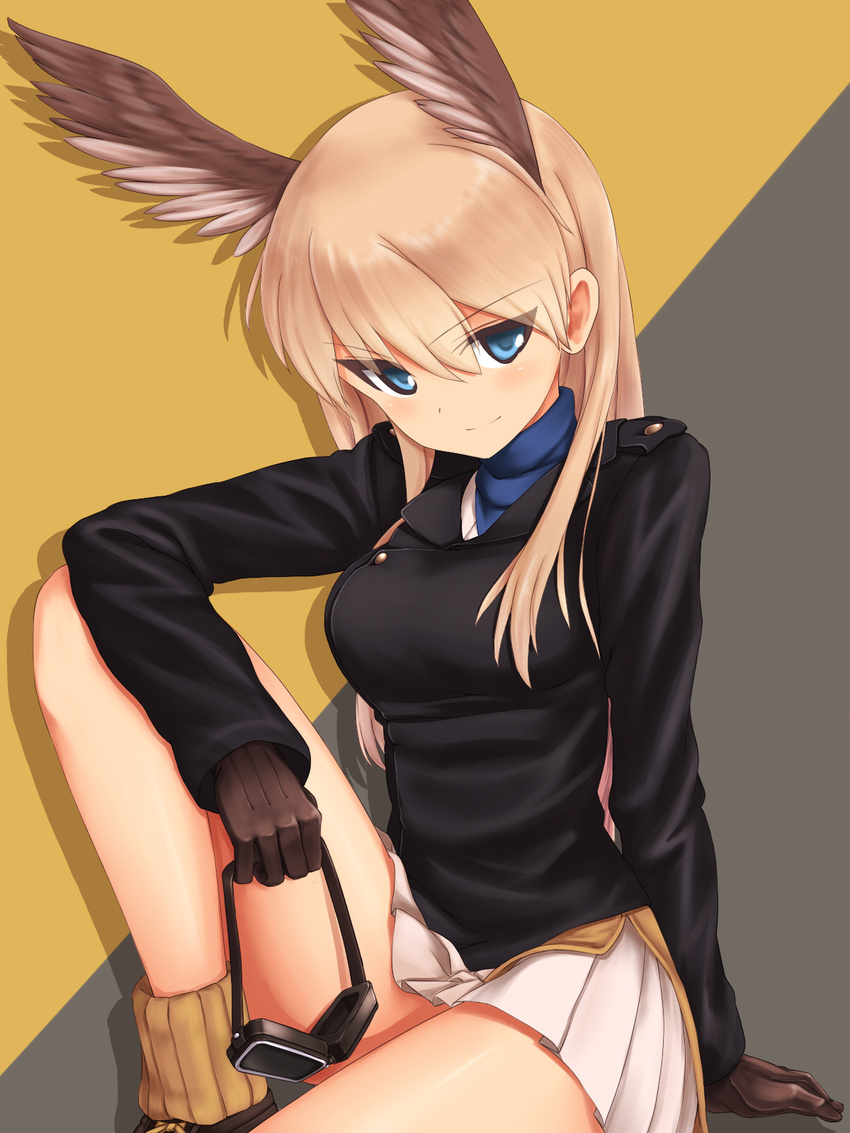 a9b_(louis814) arm_support bird_wings blonde_hair blue_eyes brown_wings commentary_request eyes_visible_through_hair feathered_wings goggles hair_between_eyes hanna-justina_marseille head_wings highres long_hair looking_at_viewer military military_uniform miniskirt pleated_skirt sitting skirt smile solo strike_witches tsurime uniform wings world_witches_series