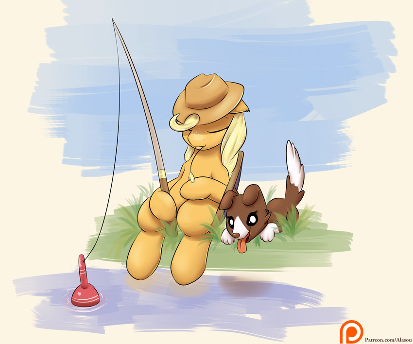 2015 alasou applejack_(mlp) blonde_hair canine cowboy_hat dog duo earth_pony equine eyes_closed female fishing fishing_pole friendship_is_magic hair hat horse mammal my_little_pony open_mouth patreon pony sitting tongue tongue_out winona_(mlp)
