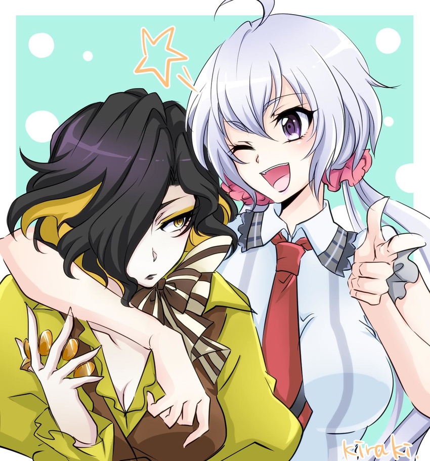 ;d ahoge arm_around_neck black_hair bow breasts cleavage coin commentary hair_over_one_eye highres kiraki large_breasts leiur_darahim long_hair long_sleeves multicolored_hair multiple_girls necktie one_eye_closed open_mouth pointing puffy_sleeves purple_eyes scrunchie senki_zesshou_symphogear short_hair smile star thumb_ring twintails yellow_eyes yukine_chris