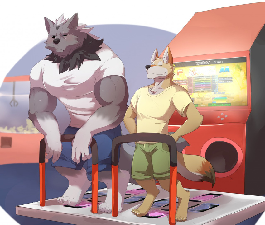 2015 biceps big_muscles canine clothing coyote fluffy fur male mammal muscular o-ro pants pecs shirt wolf