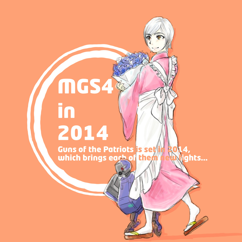 apron bouquet brown_eyes engrish flower highres japanese_clothes kimono metal_gear_(series) metal_gear_mk._ii metal_gear_solid_4 ranguage robot sandals short_hair silver_hair smile sunny_gurlukovich toh_karashi yukata