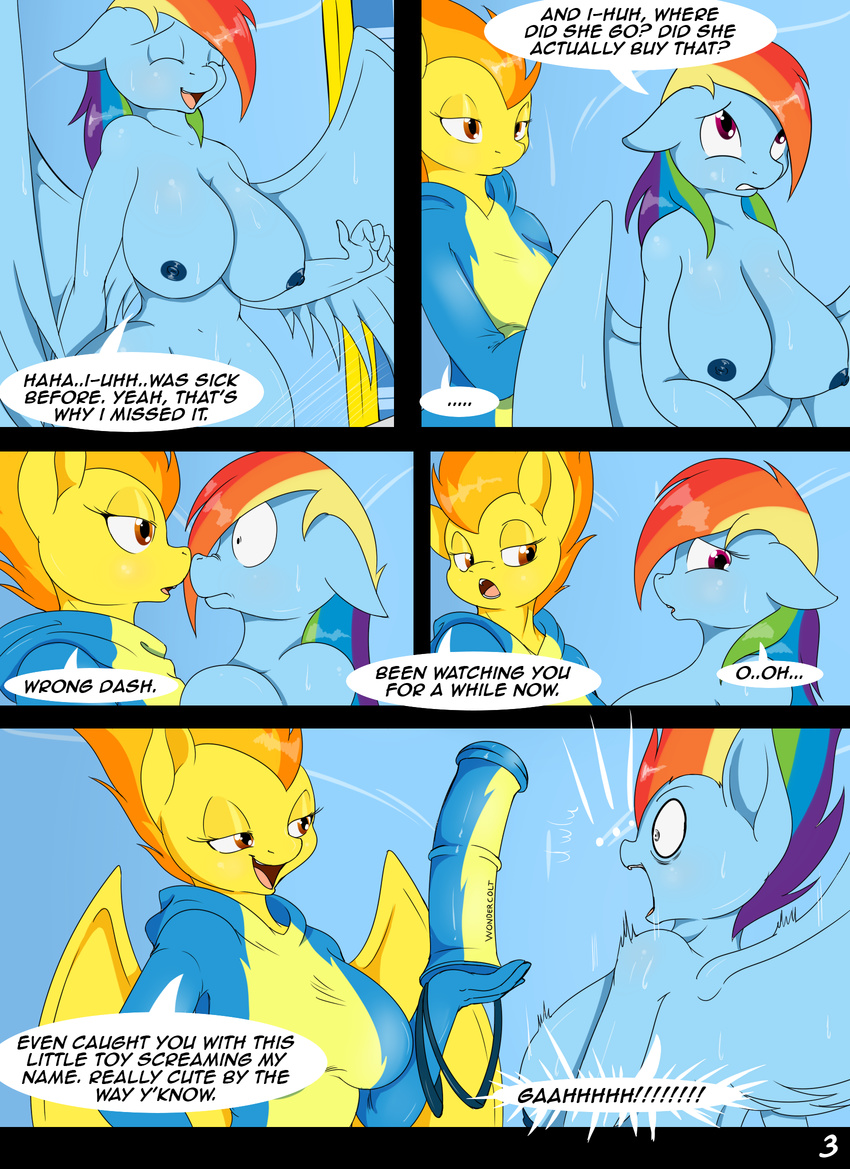 !!! 2015 anthro anthrofied big_breasts blue_skin blush breasts comic dialogue digital_media_(artwork) dildo duo english_text equine eye_contact eyes_closed female flight_suit friendship_is_magic hair half-closed_eyes long_hair mammal multicolored_hair my_little_pony nipples nude open_mouth orange_hair pegasus purple_eyes rainbow_dash_(mlp) rainbow_hair sex_toy spitfire_(mlp) strapon suirano surprise text wet wide_eyed wings wonderbolts_(mlp) yellow_skin